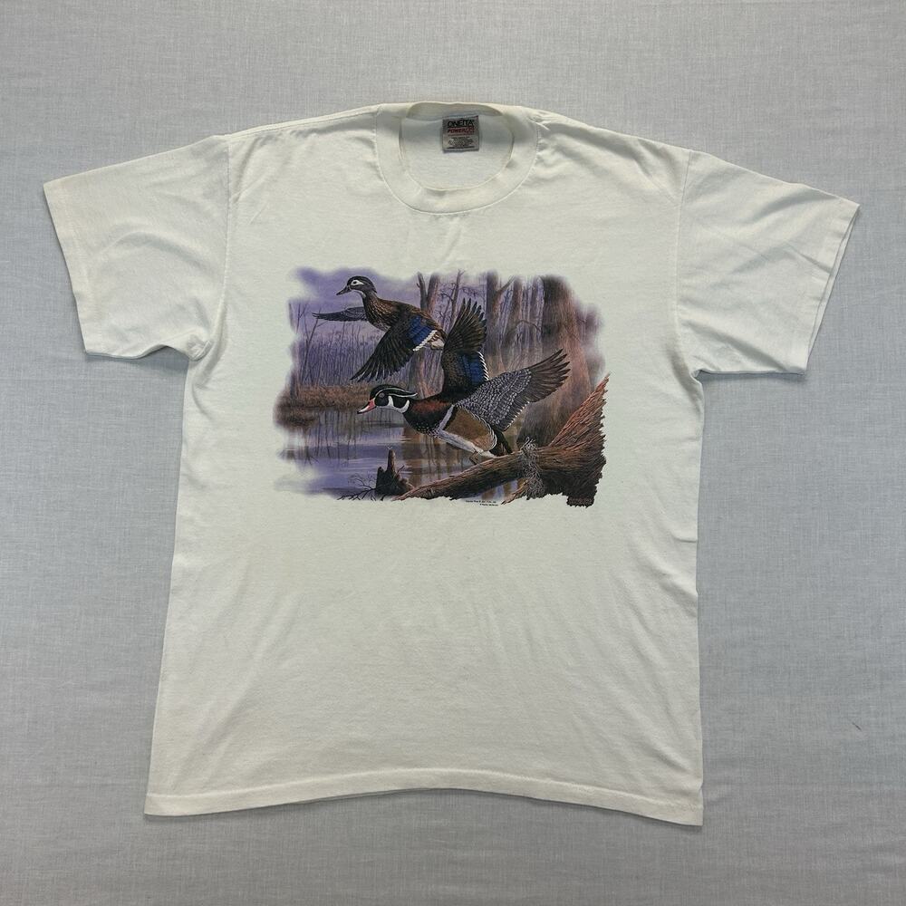 Vintage 90s Randy McGovern T-Shirt Men's Large White Wood Duck Wildlife USA Tee
